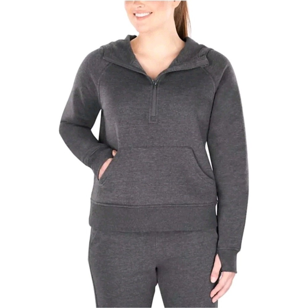 Heather Charcoal Grey Ribbed Half Zip Hoodie Fleece Kangaroo Pocket Medium NWT